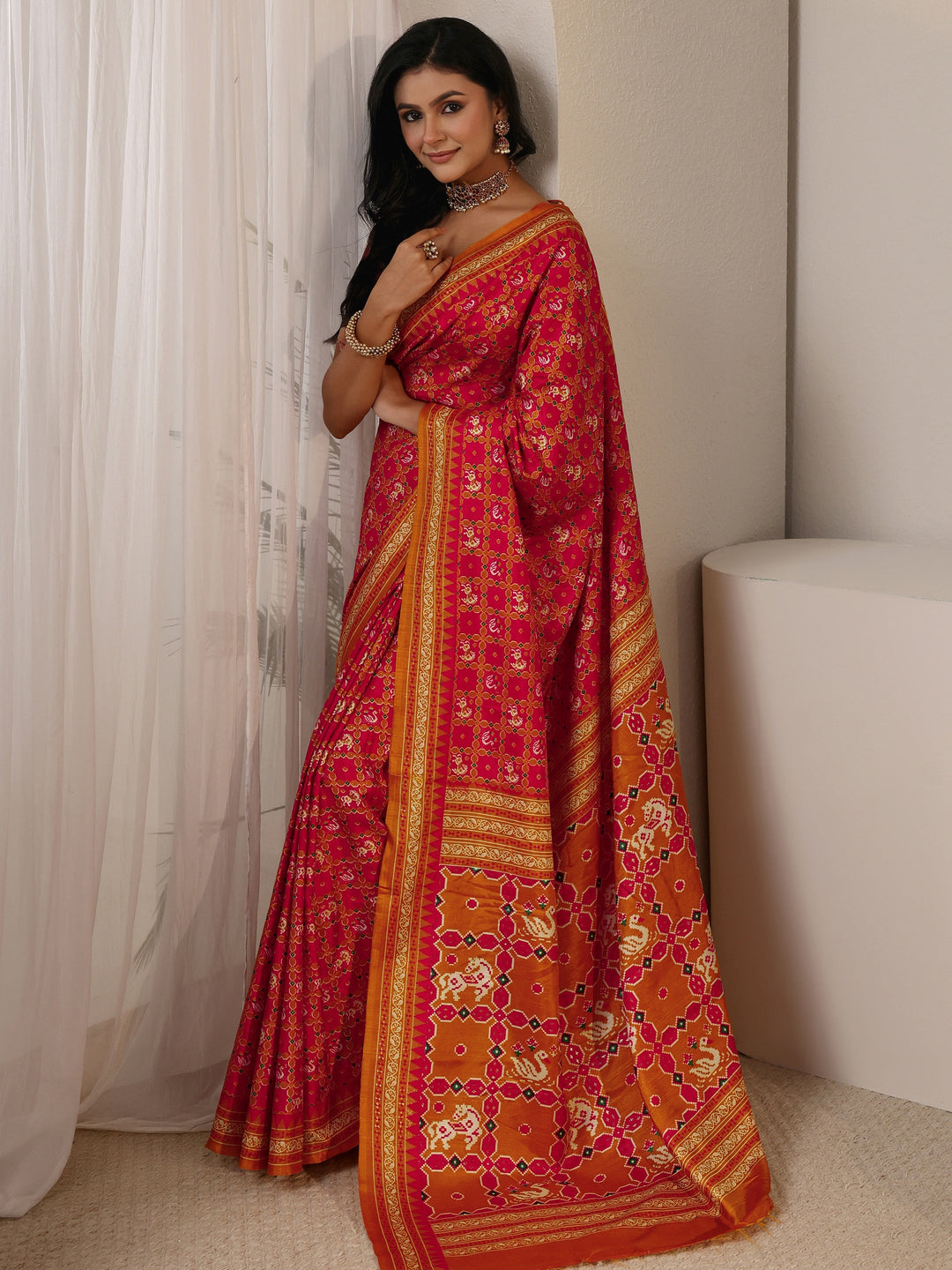 Libas Red Printed Silk Blend Saree