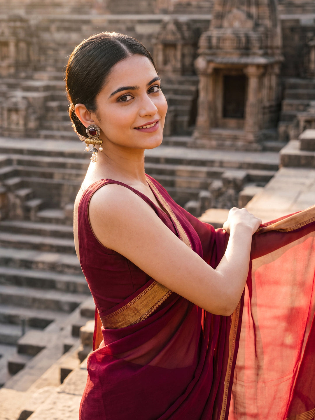 Libas Red Stone Jhumka Drop Brass Earrings