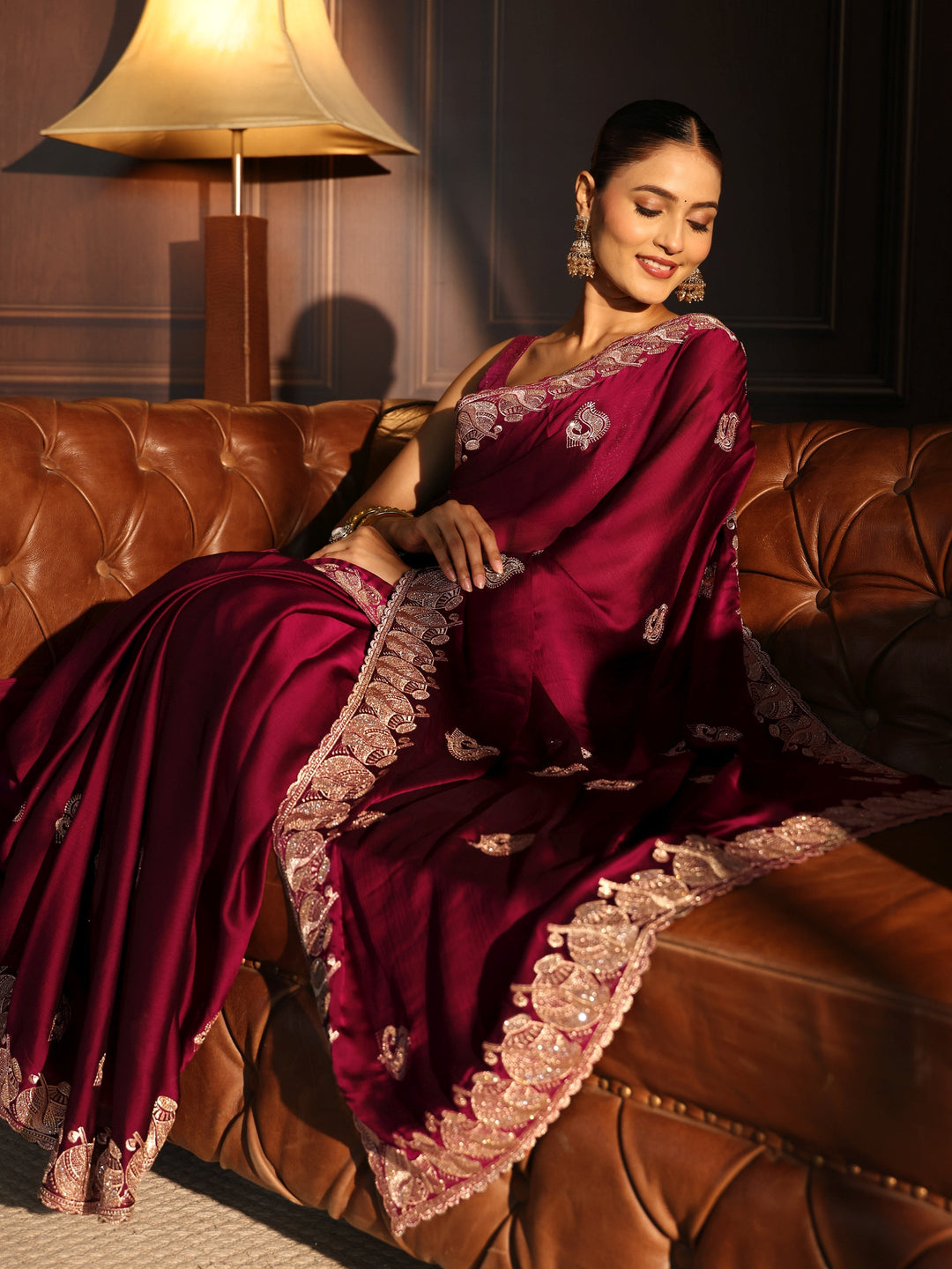 Libas Red Stone Work Embellished Chiffon Saree