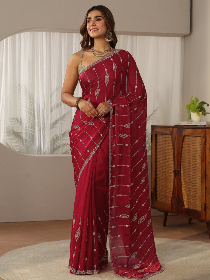 Libas Red Stone Work Embellished Silk Blend Saree