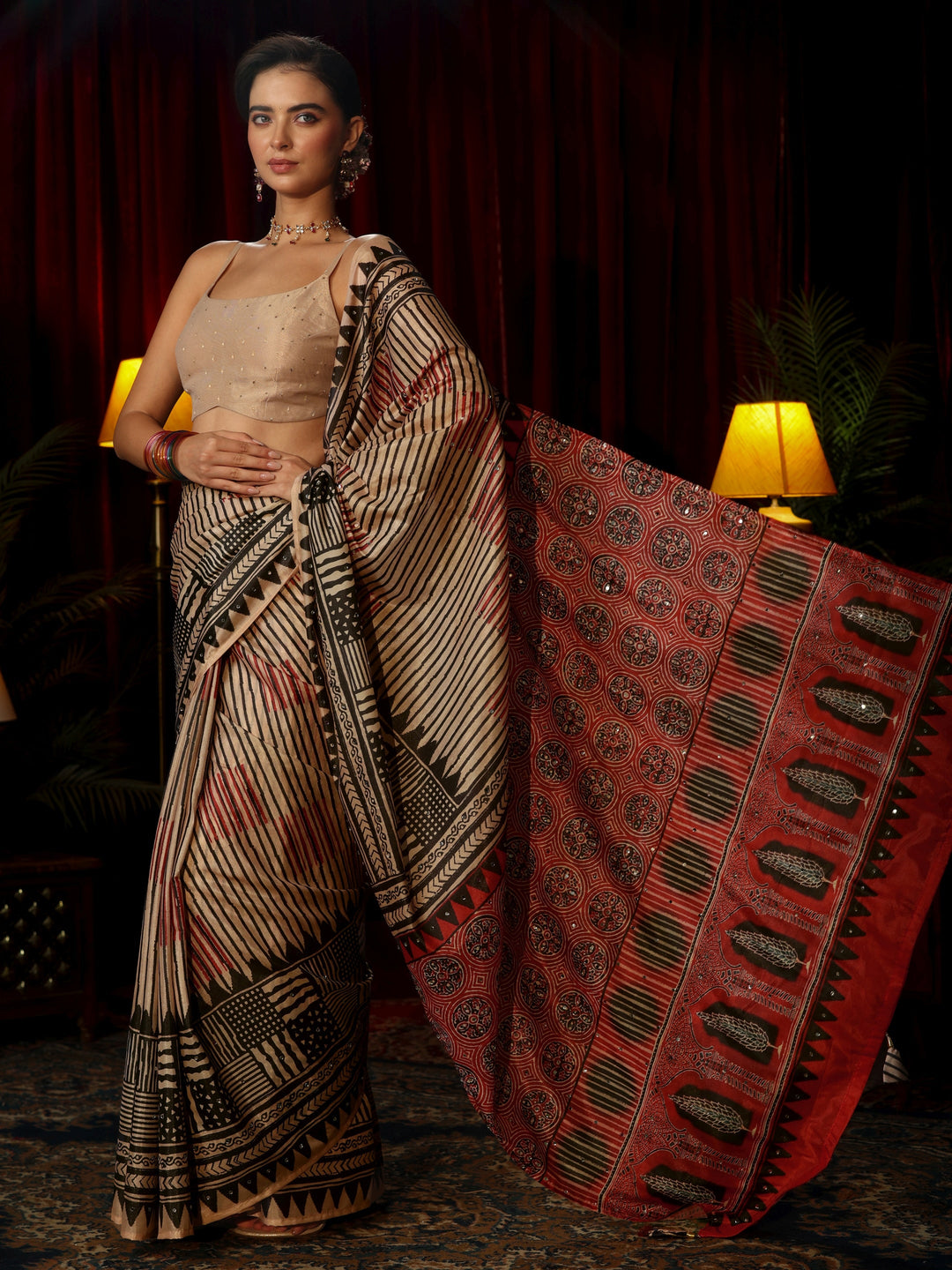 Libas Red Striped Satin Saree with Ajrakh Pallu