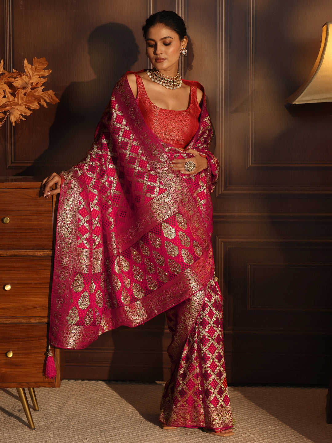 Libas Red Woven Design Satin Saree with Embellished Pallu