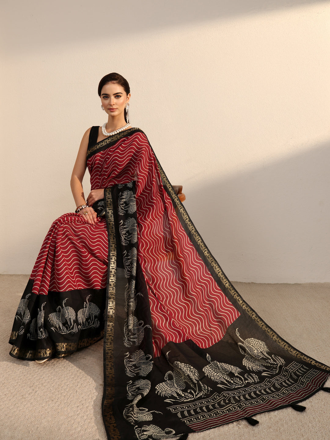 Libas Red and Black Wavy Stripe Printed Silk Blend Tassel Saree