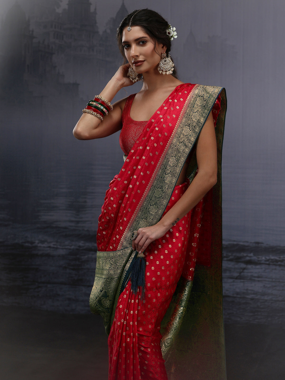 Libas Red and Green Banarasi Silk Blend Saree