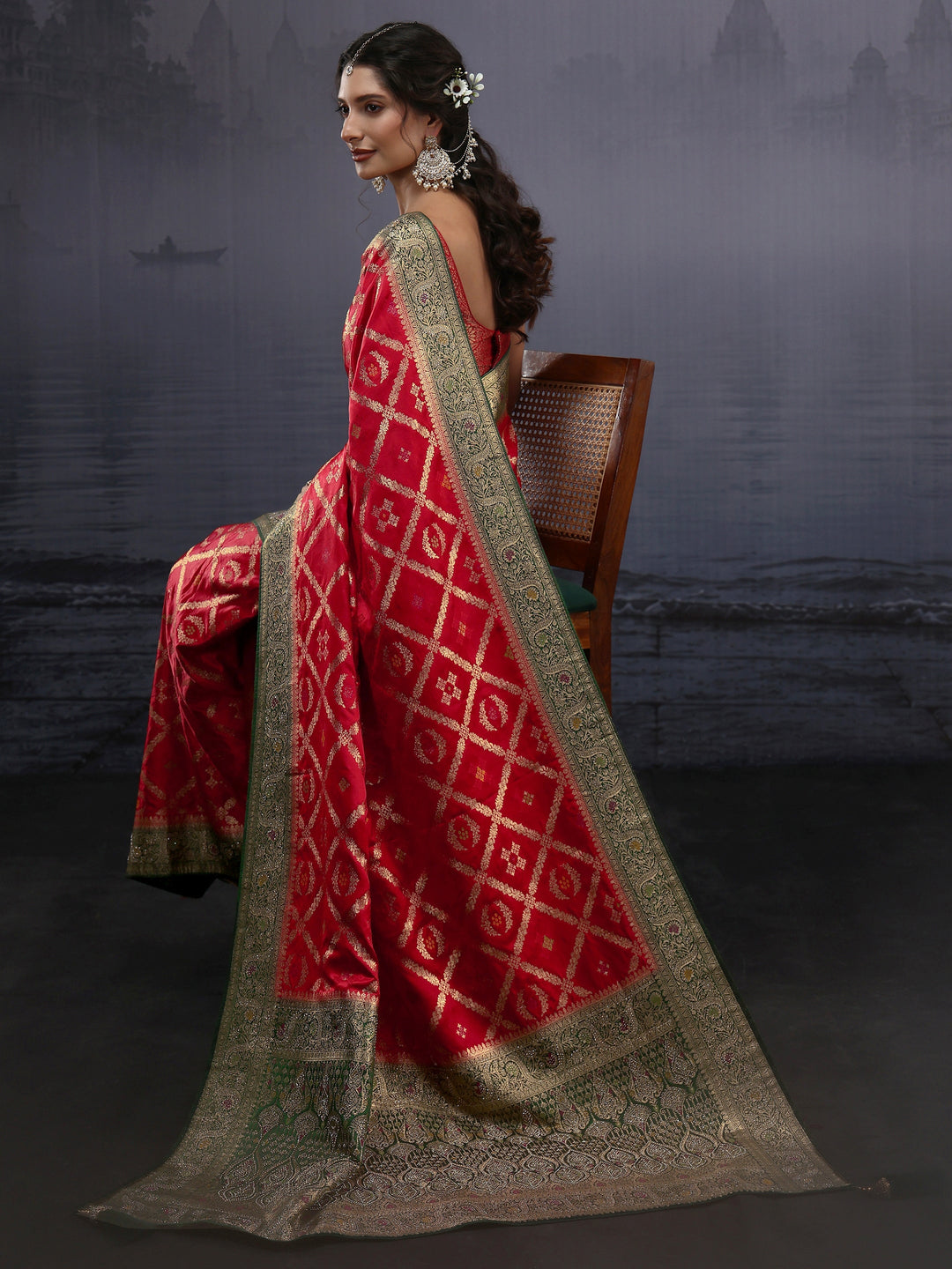 Libas Red and Green Ethnic Woven Design Silk Blend Saree