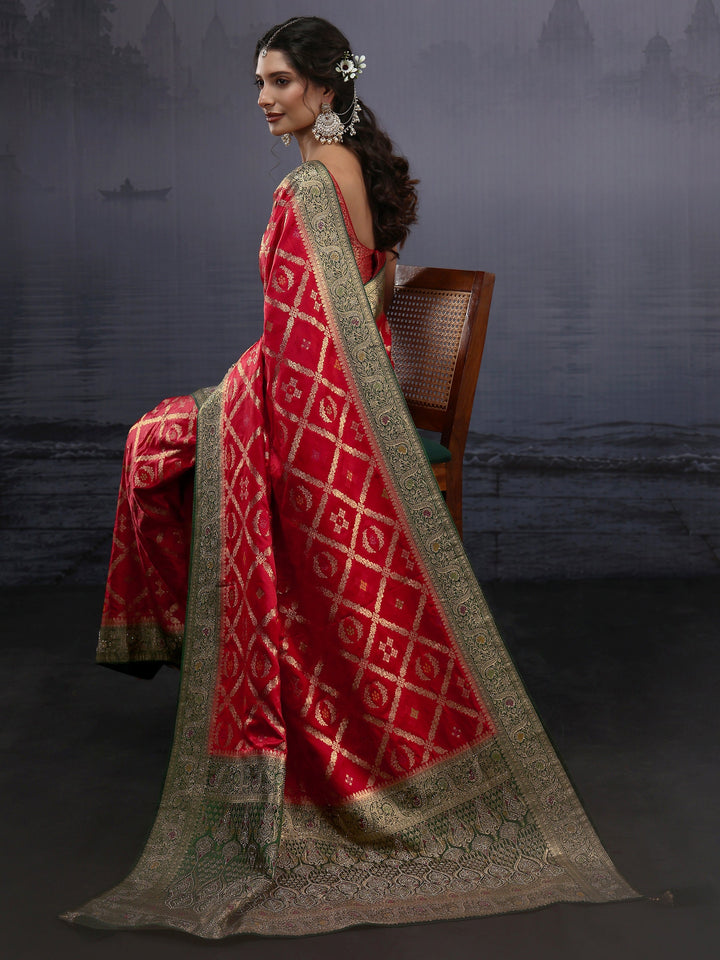 Libas Red and Green Ethnic Woven Design Silk Blend Saree