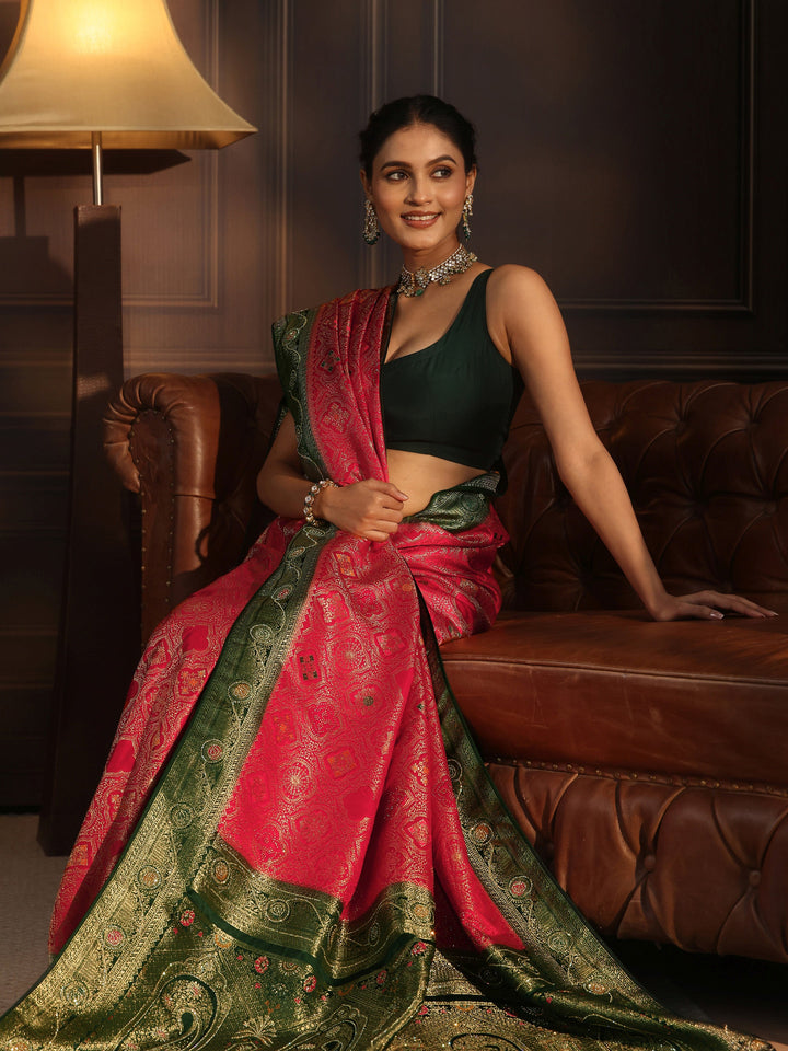 Libas Red and Green Woven Design Silk Blend Saree