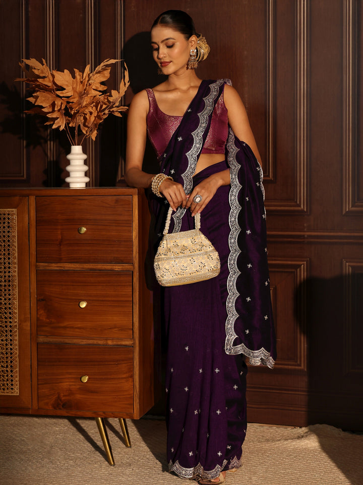 Libas Regal Purple Embellished Scalloped Border Silk Blend Saree