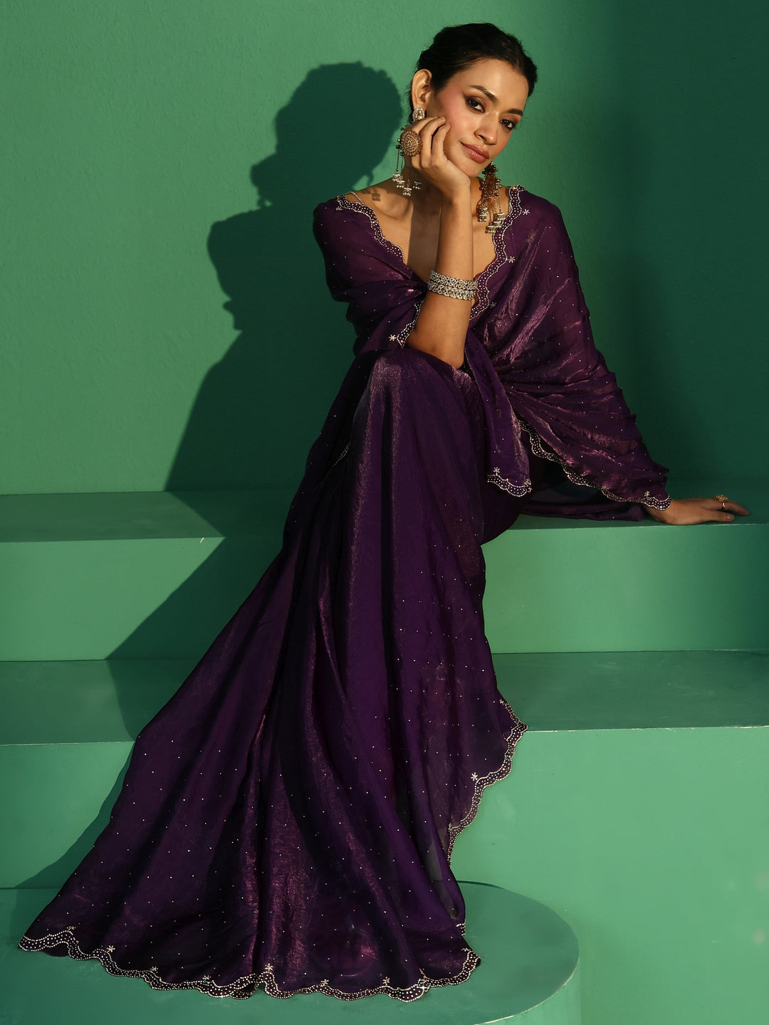 Libas Regal Purple Embellished Tissue Saree
