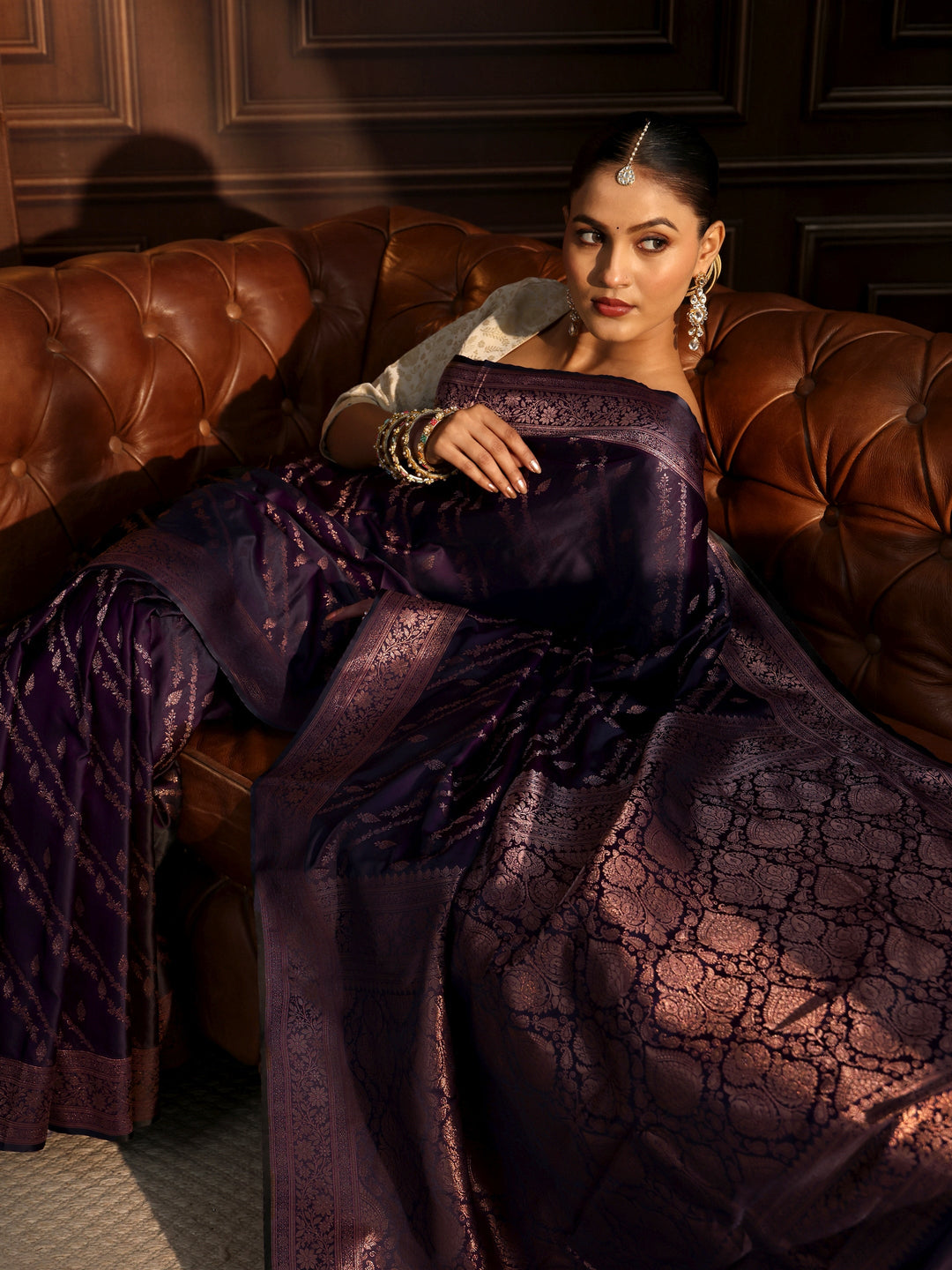 Libas Regal Purple Floral Woven Pallu Design Satin Saree