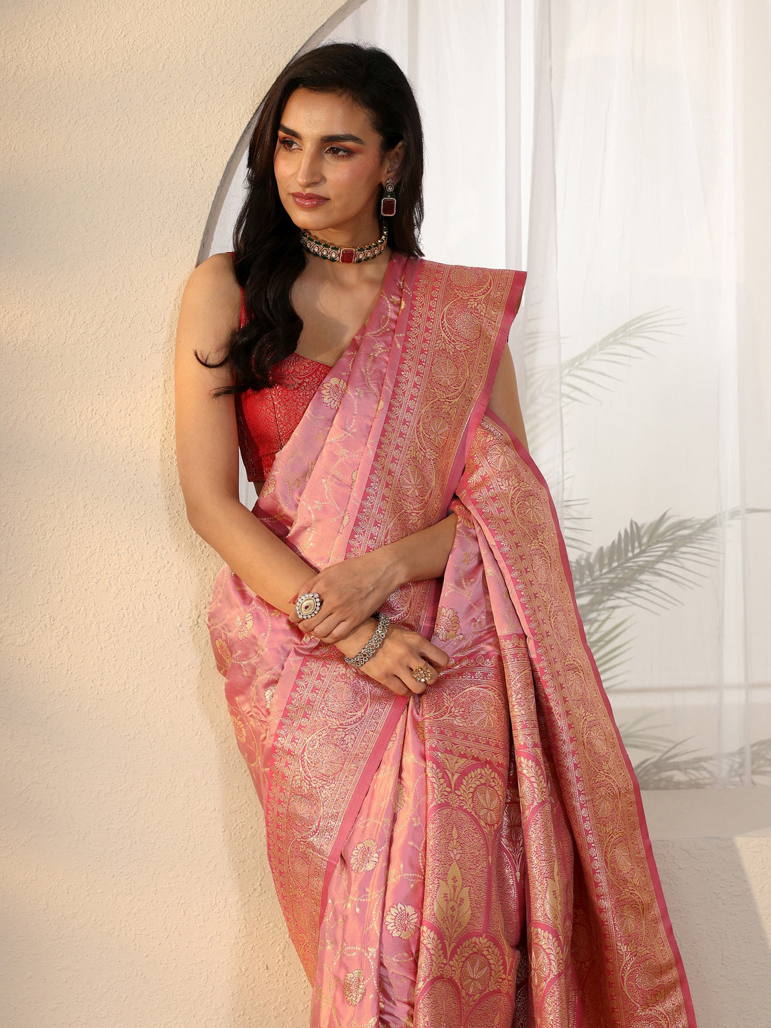 Libas Rose Pink Banarasi Satin Saree
