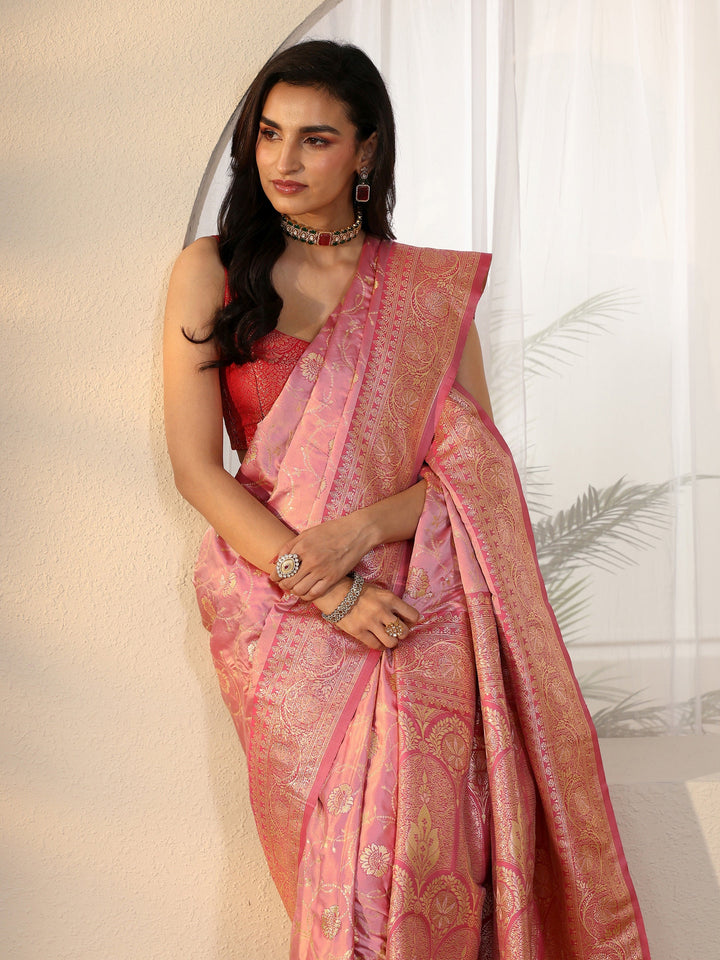 Libas Rose Pink Banarasi Satin Saree