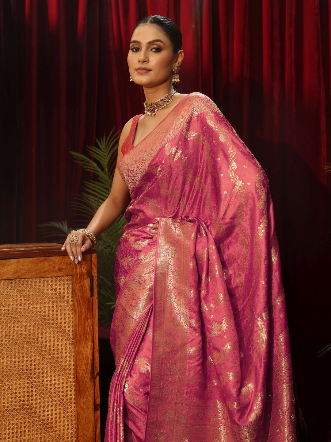 Libas Rose Pink Banarasi Silk Blend Saree