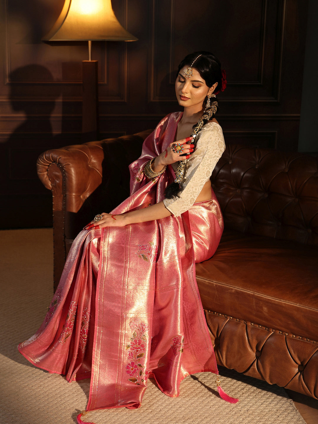 Libas Rose Pink Banarasi Silk Saree with Floral Stone Work
