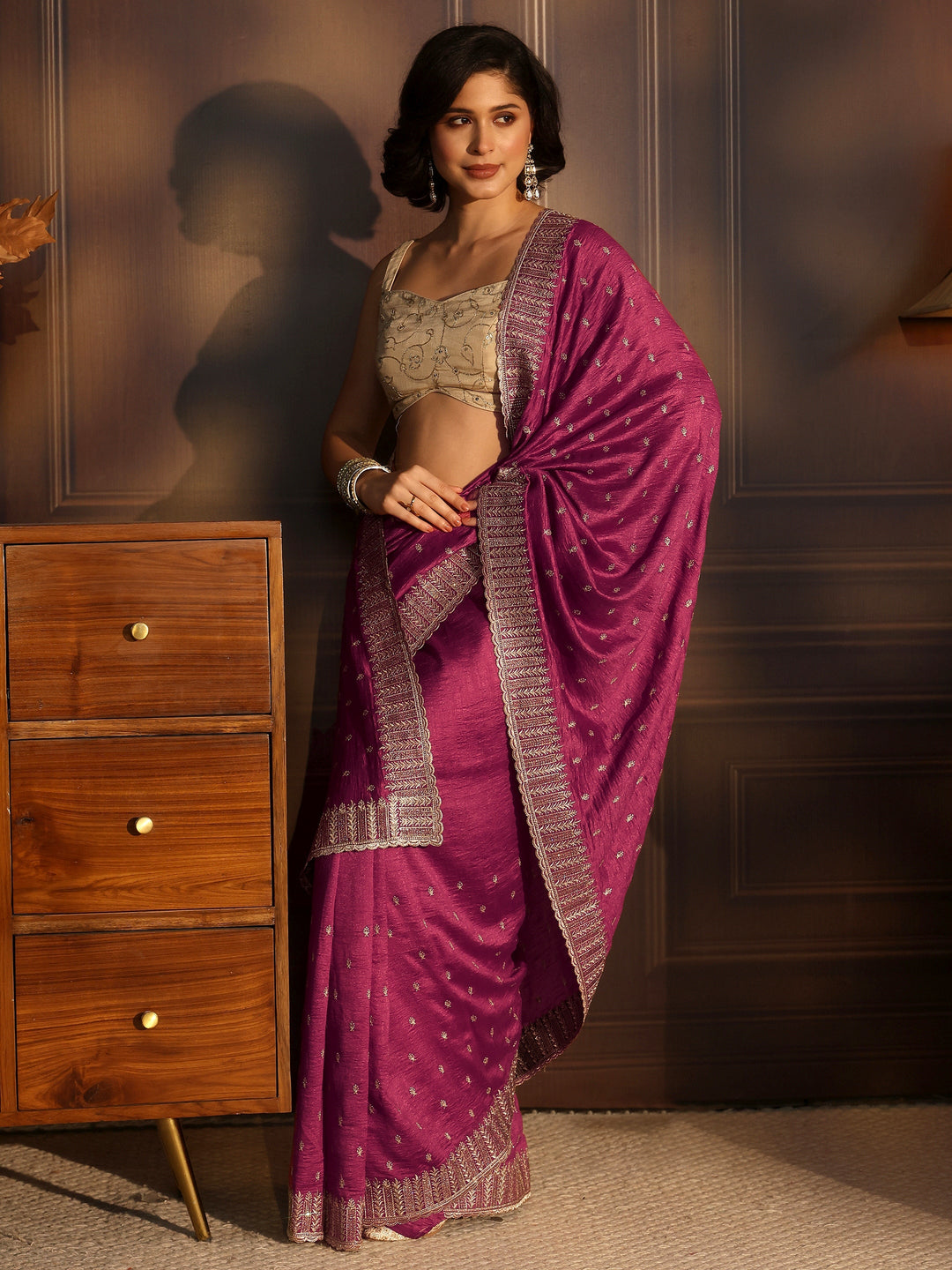 Libas Rose Pink Embellished Silk Blend Saree