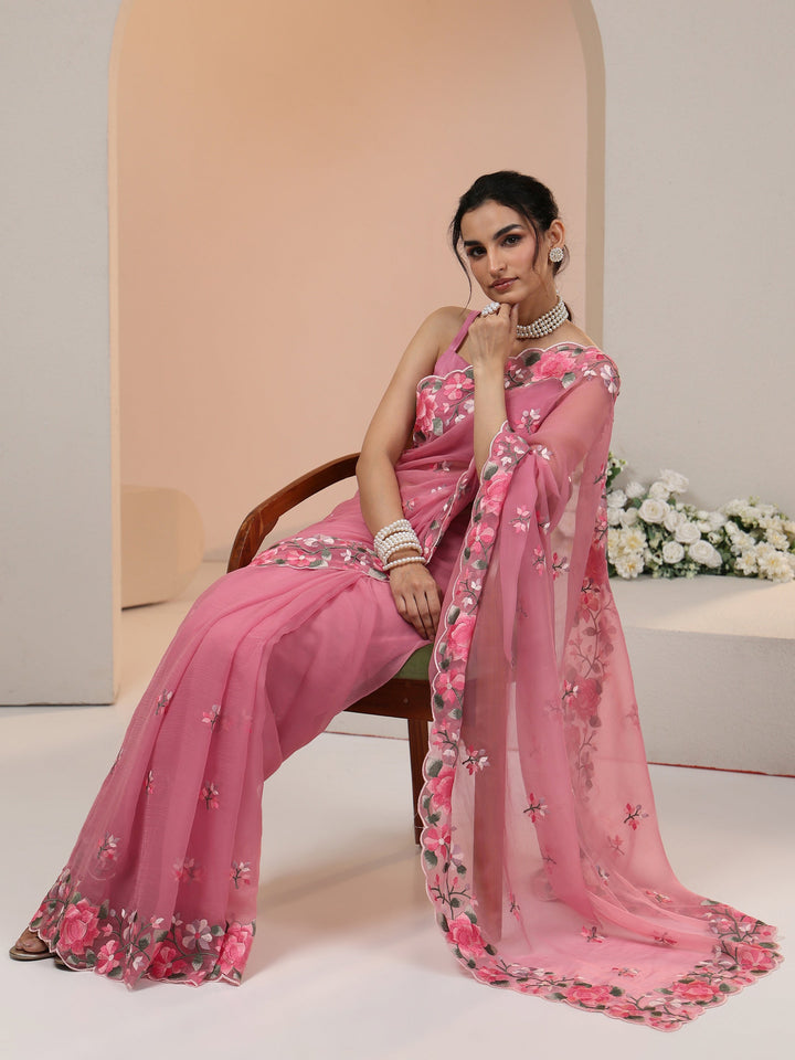 Libas Rose Pink Floral Embroidered Chiffon Saree with Scalloped Border