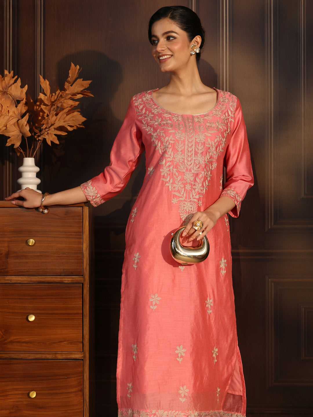 Libas Rose Pink Floral Embroidered Silk Blend Straight Kurta