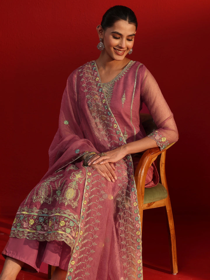 Libas Rose Pink Floral Embroidered Tissue Straight Suit Set