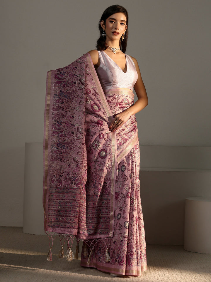 Libas Rose Pink Floral Printed Silk Blend Tassel Saree