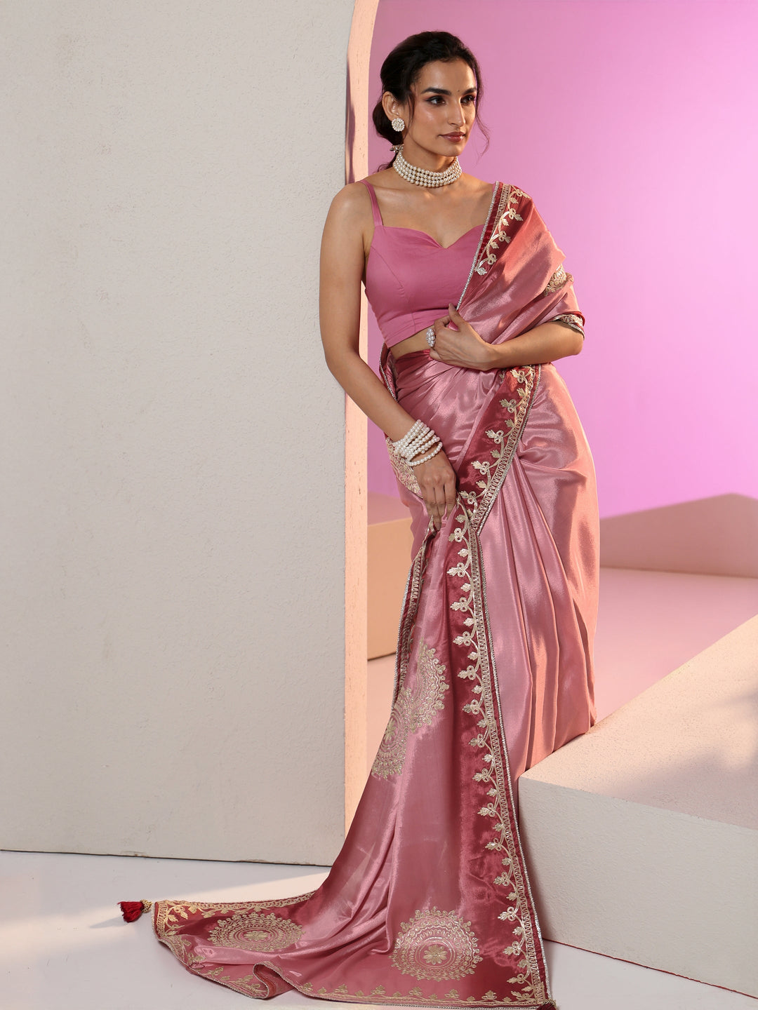 Libas Rose Pink Mandala Art Embroidered Ombre Silk Blend Saree