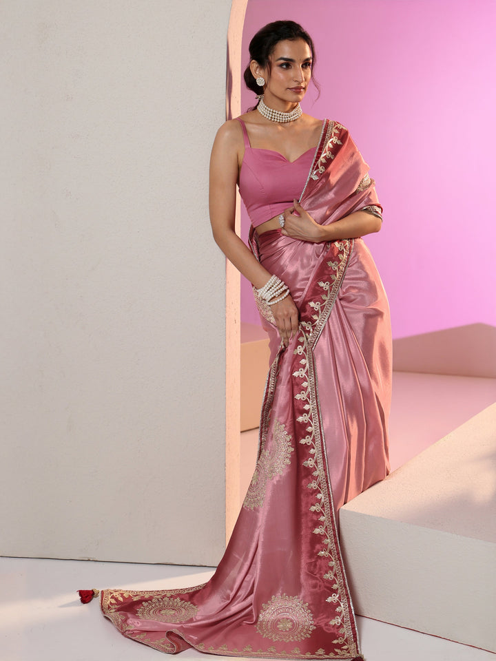 Libas Rose Pink Mandala Art Embroidered Ombre Silk Blend Saree
