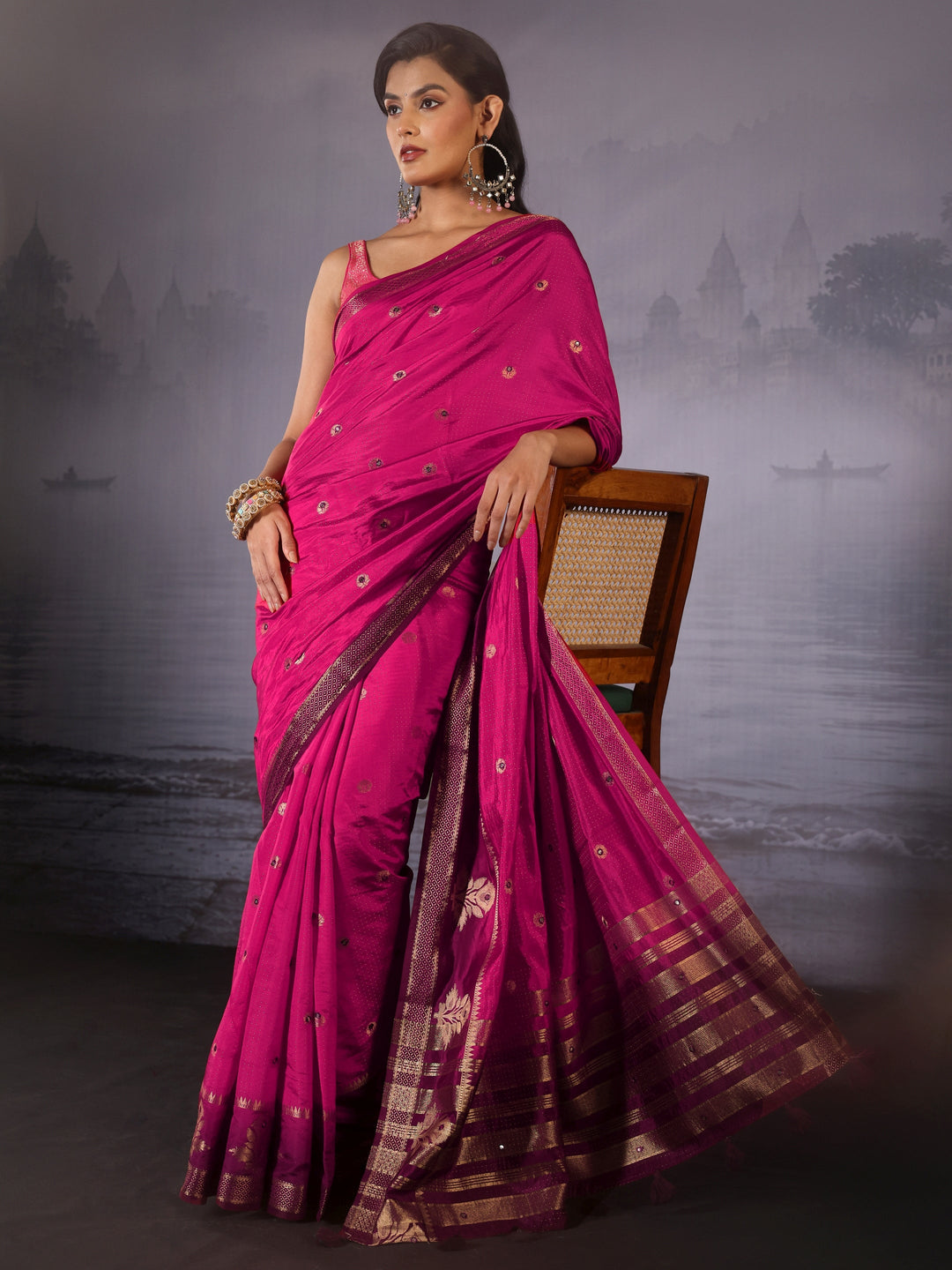 Libas Rose Pink Mirror Work Silk Blend Saree with Woven Floral Border
