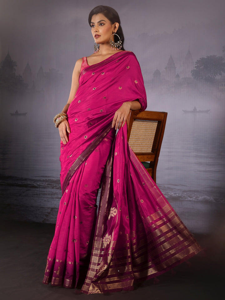 Libas Rose Pink Mirror Work Silk Blend Saree with Woven Floral Border