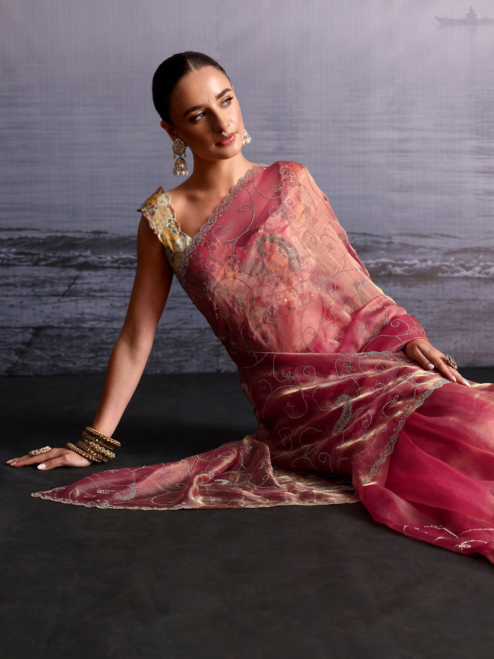 Libas Rose Pink Paisley Stone Work Embellished Tissue Saree