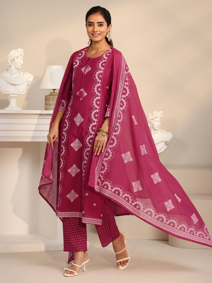 Libas Rose Pink Printed Cotton A-line Suit Set