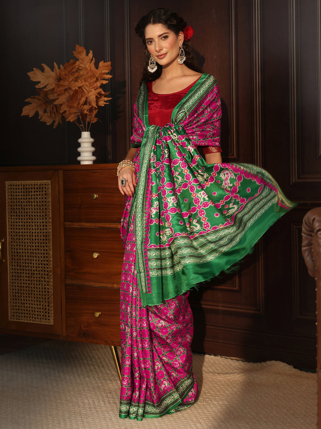 Libas Rose Pink Printed Silk Blend Saree with Patola Pallu