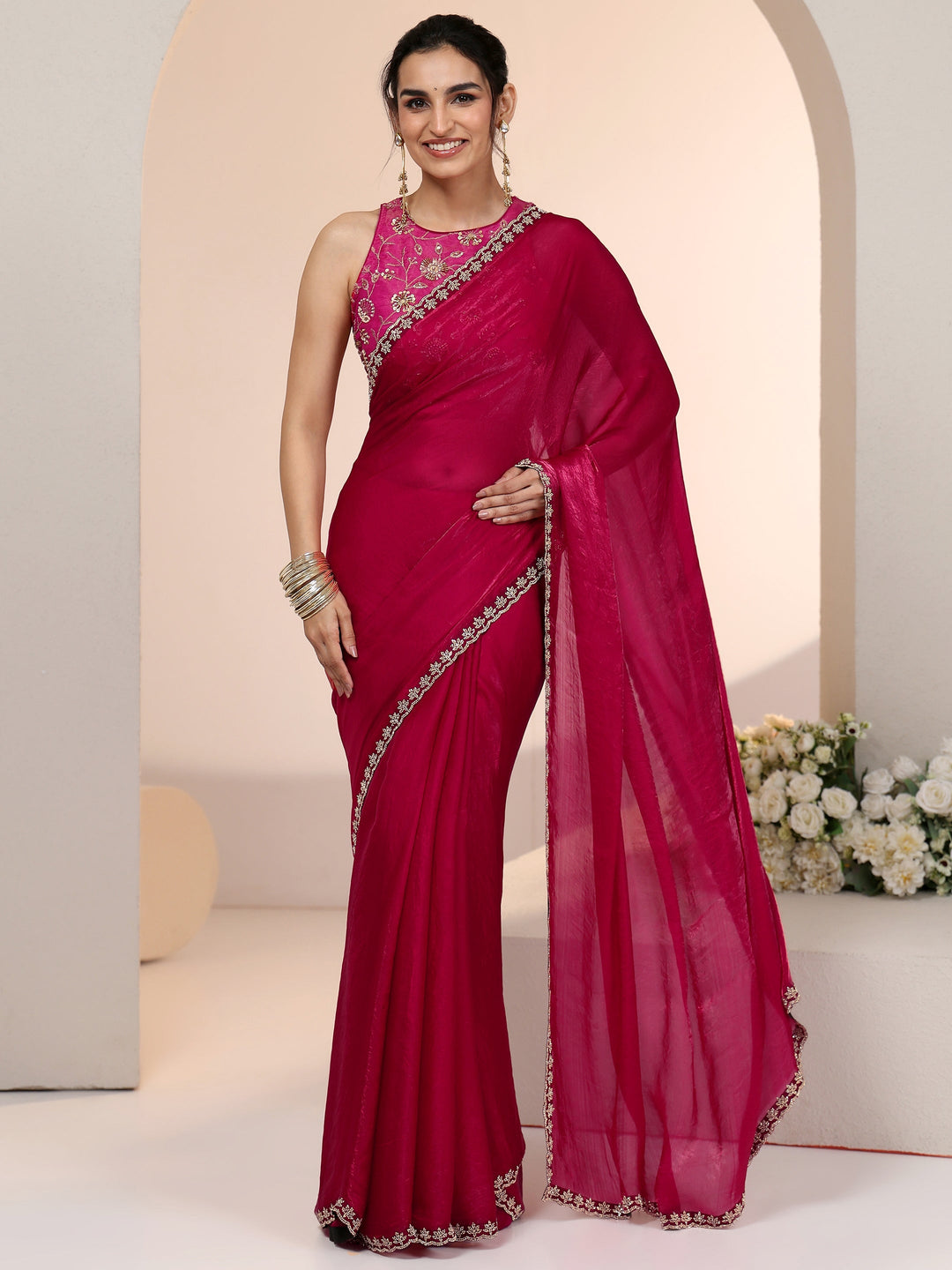 Libas Rose Pink Tissue Saree with Stone Work Border