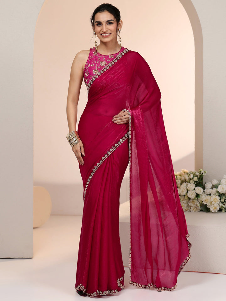 Libas Rose Pink Tissue Saree with Stone Work Border
