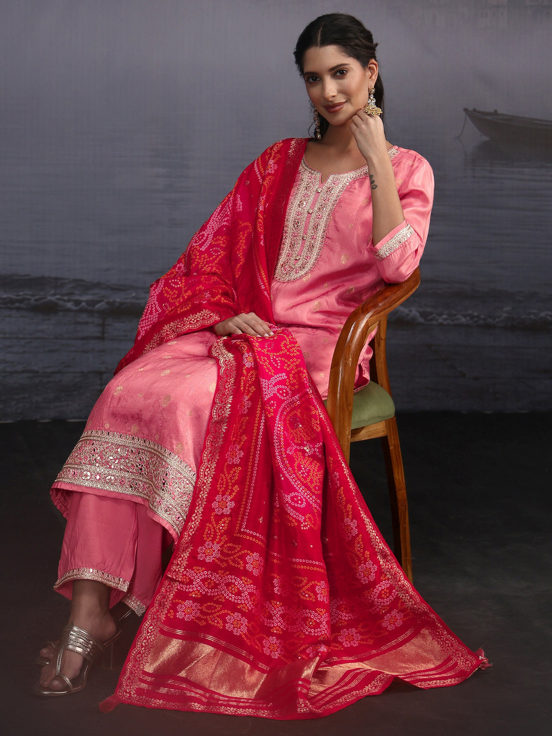 Libas Rose Pink Woven Design Silk Blend Straight Suit Set