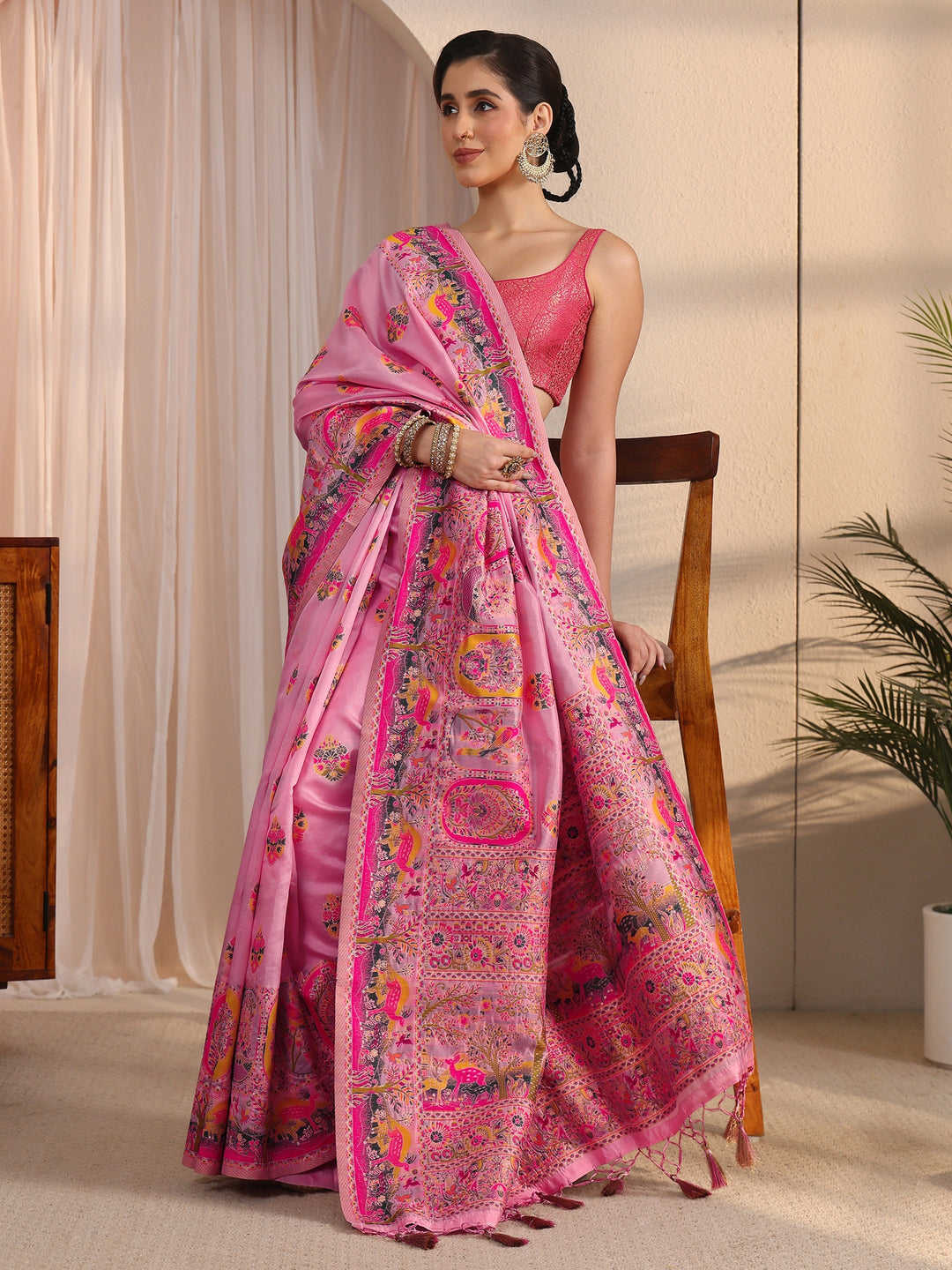 Libas Rose Pink Woven Design Silk Blend Tassel Saree