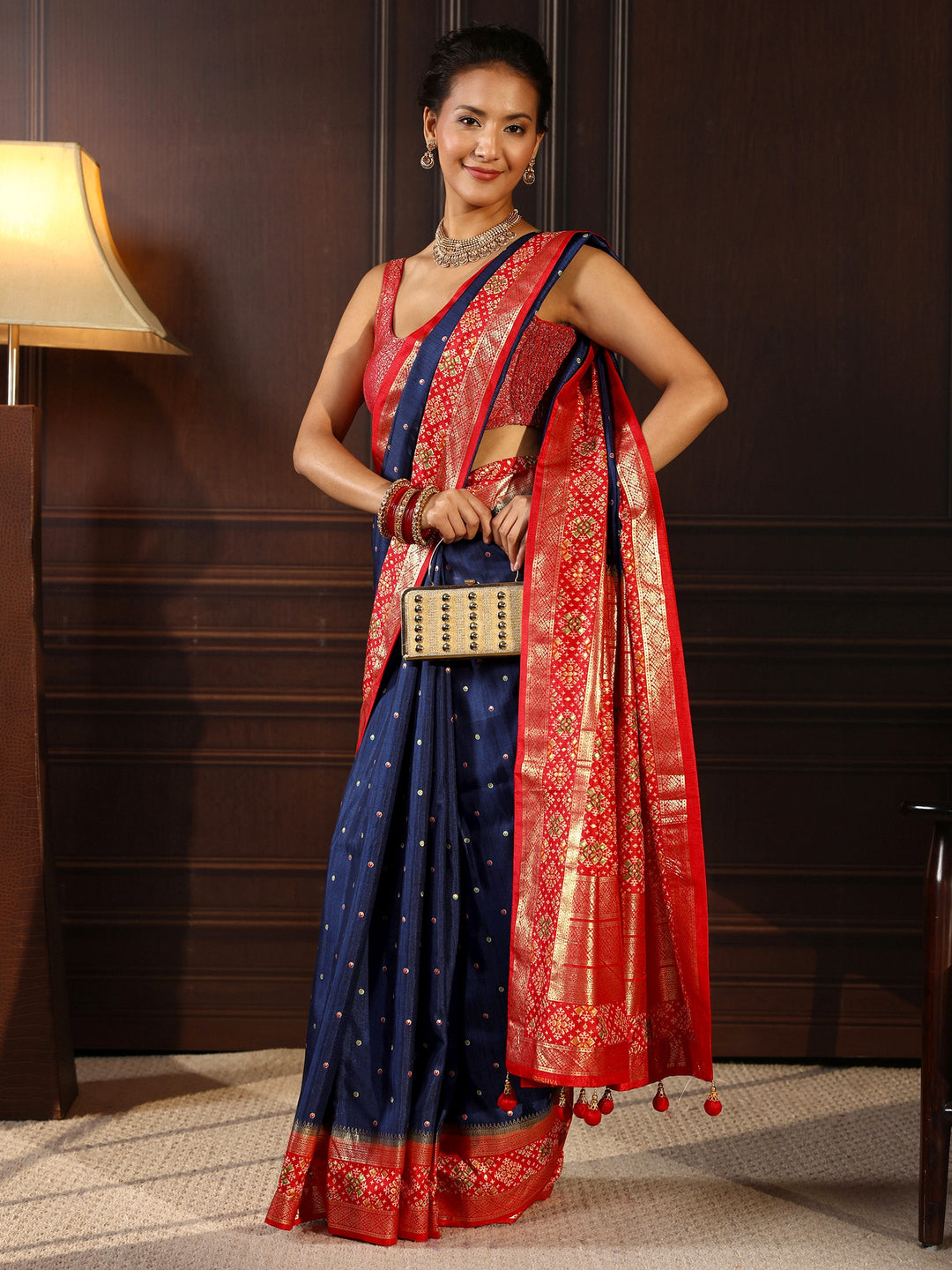 Libas Royal Blue Mirror Work Patola Pallu Silk Blend Saree
