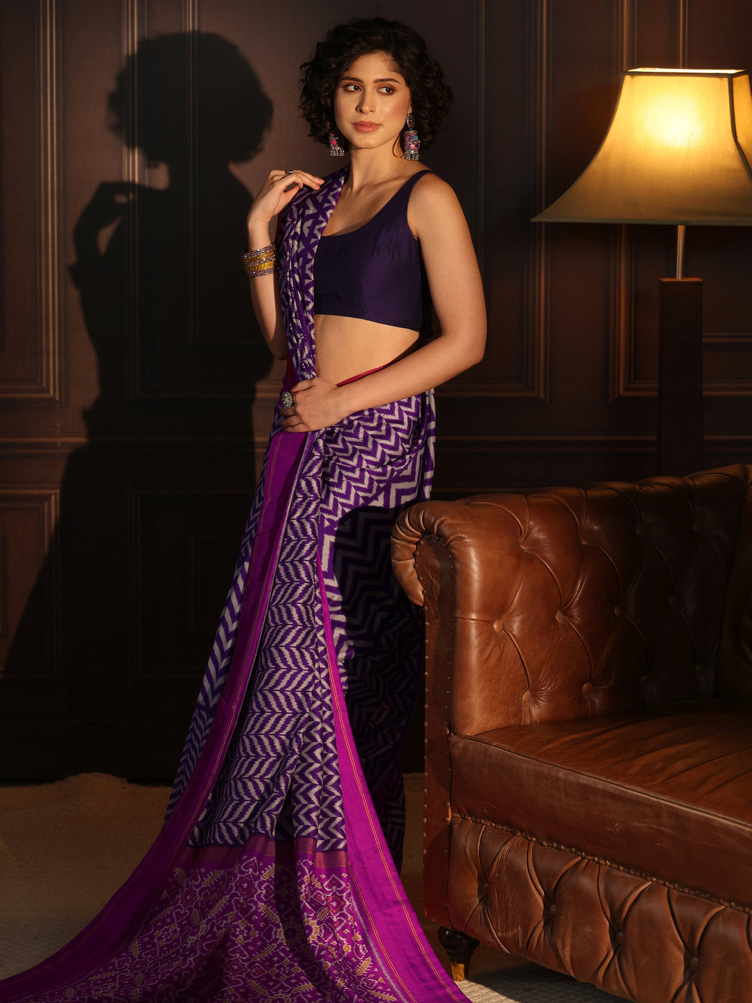 Libas Royal Purple Chevron Printed Silk Blend Saree