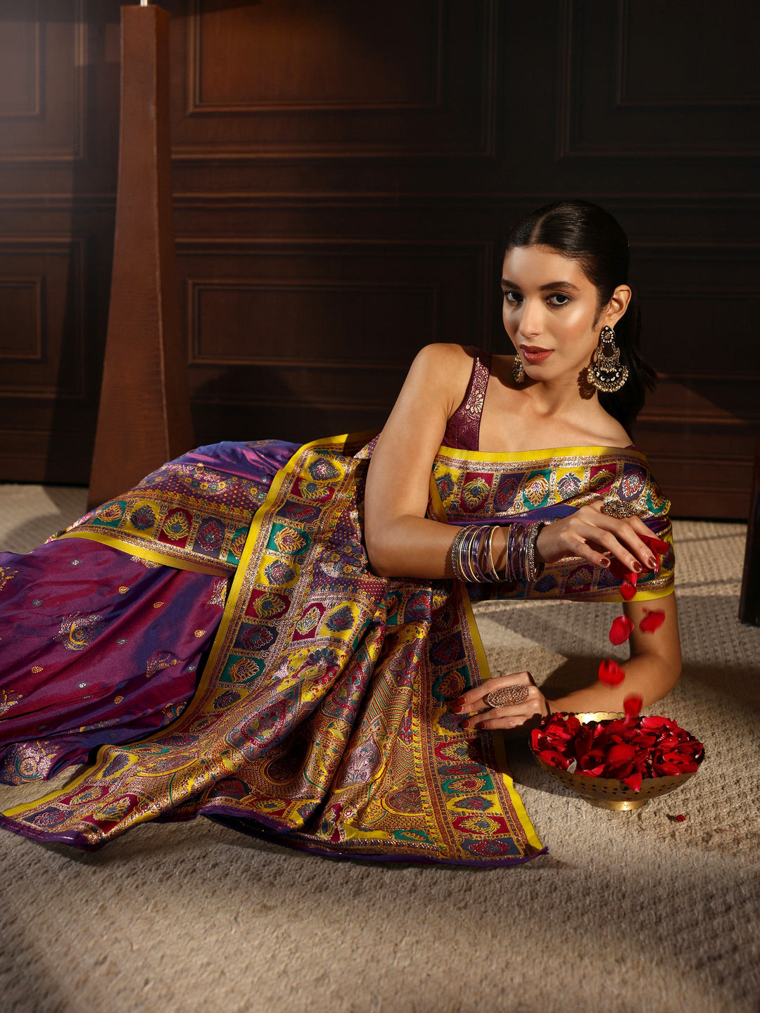Libas Royal Purple Ethnic Woven Design Satin Saree