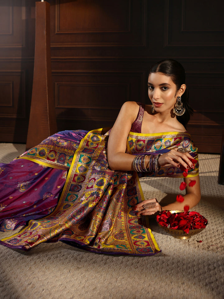 Libas Royal Purple Ethnic Woven Design Satin Saree