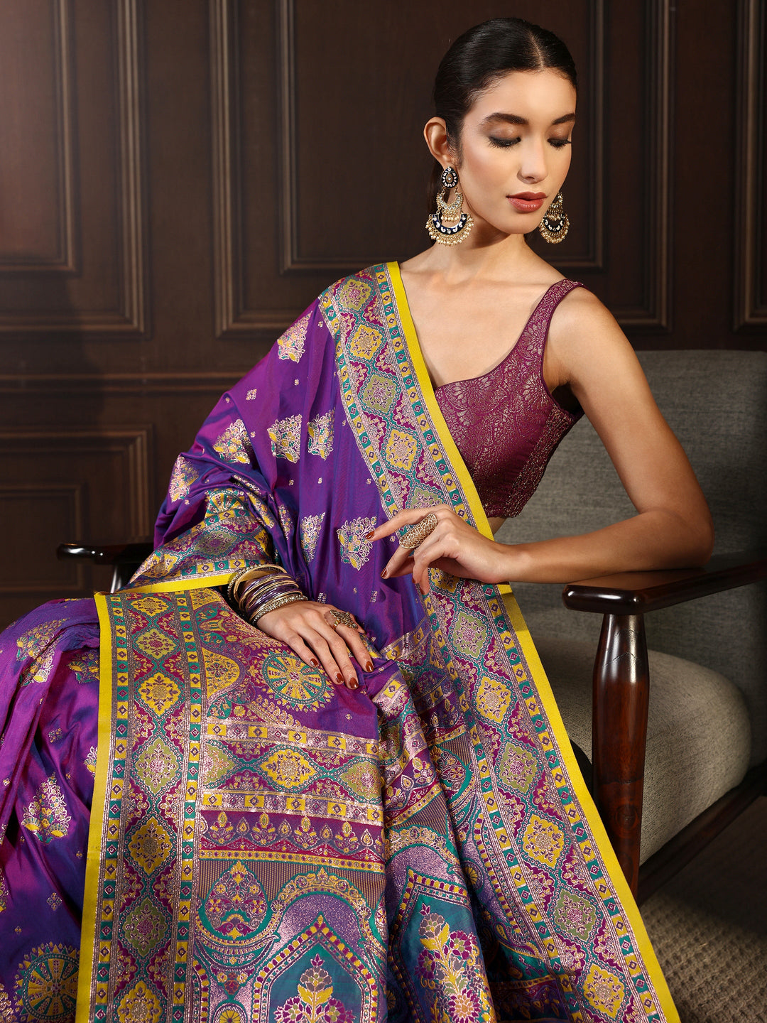 Libas Royal Purple Ethnic Woven Design Satin Saree