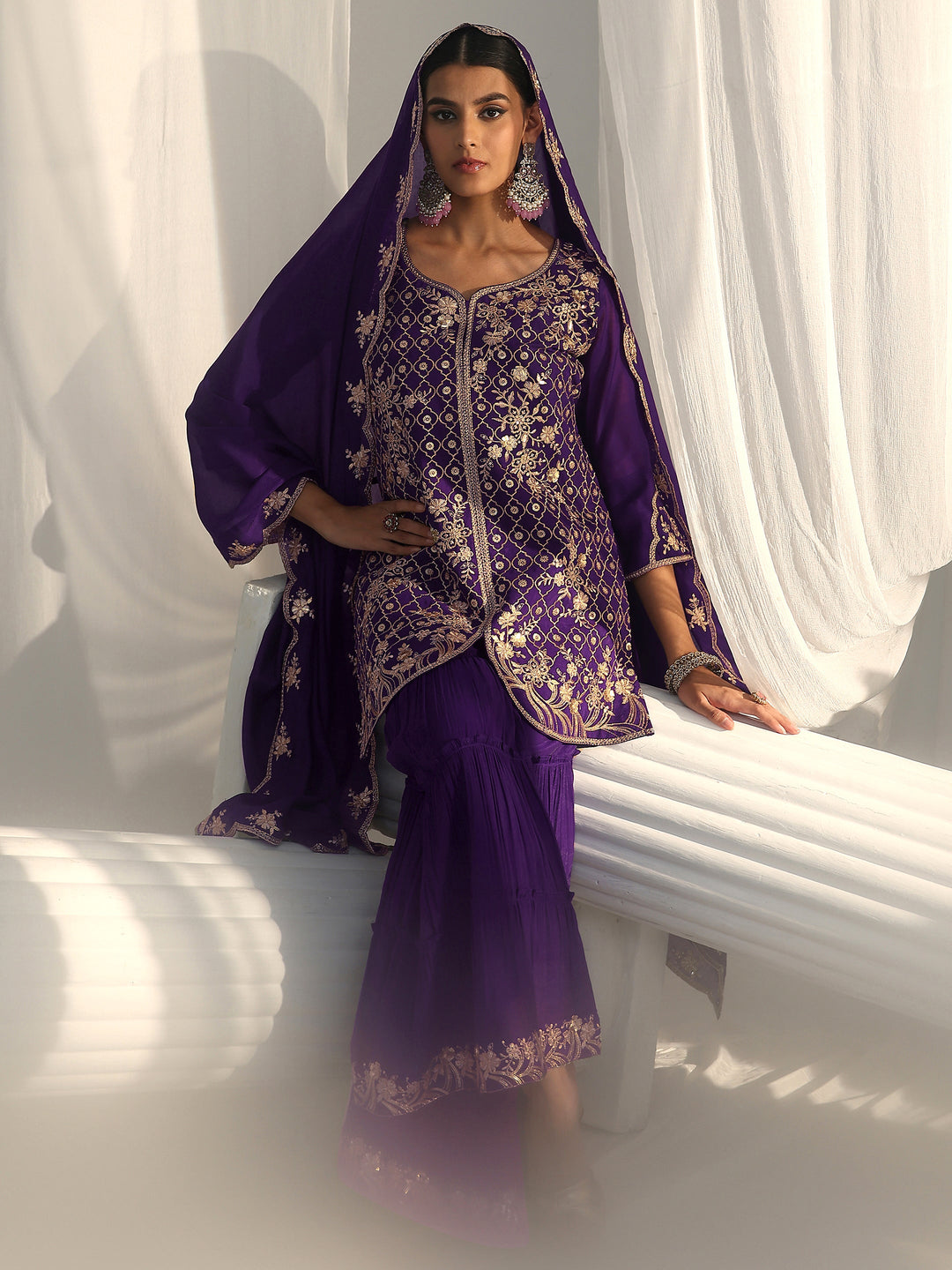 Libas Royal Purple Floral Embroidered Chanderi Cotton Sharara Suit Set