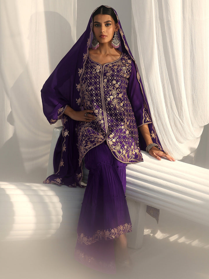 Libas Royal Purple Floral Embroidered Chanderi Cotton Sharara Suit Set