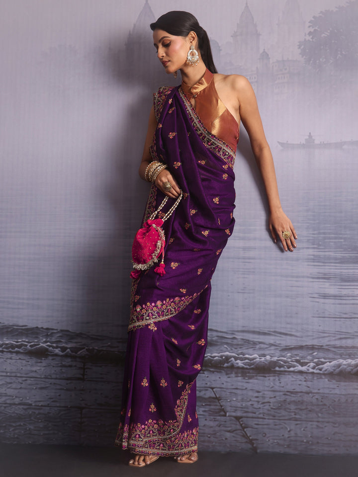 Libas Royal Purple Floral Embroidered Silk Blend Saree