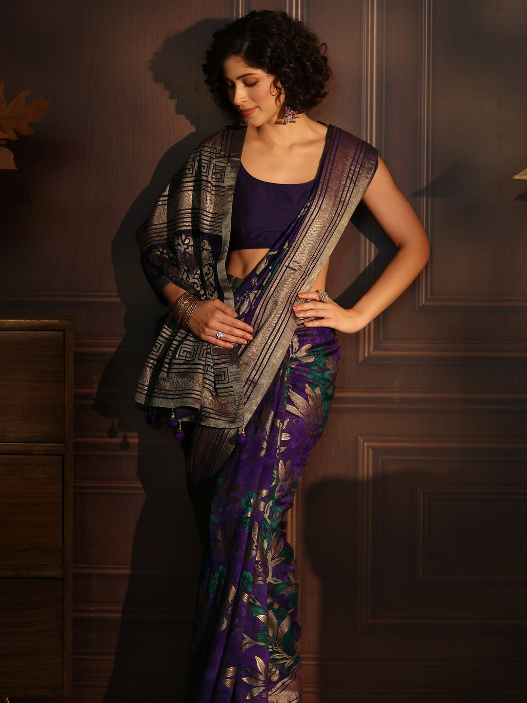 Libas Royal Purple Floral Woven Design Silk Blend Saree