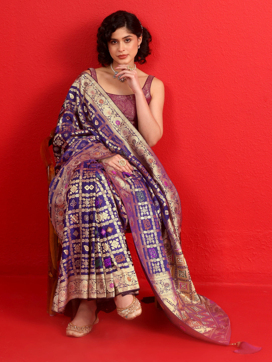 Libas Royal Purple Gharchola Stone Work Silk Blend Saree