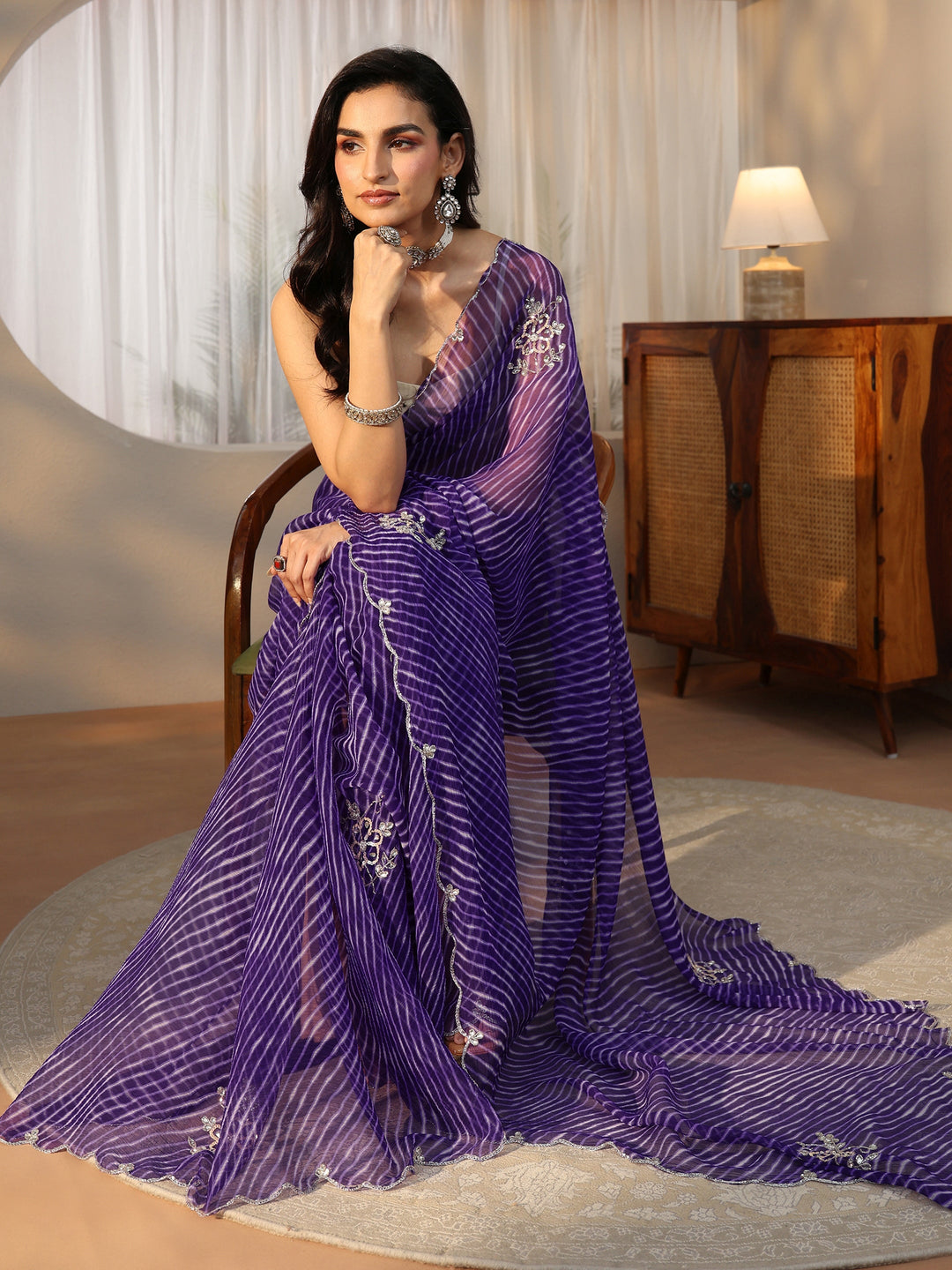 Libas Royal Purple Leheriya Printed Chiffon Saree