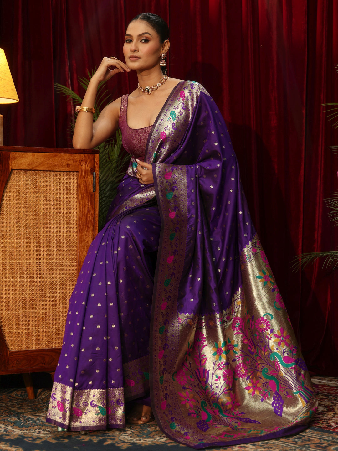 Libas Royal Purple Silk Blend Paithani Saree
