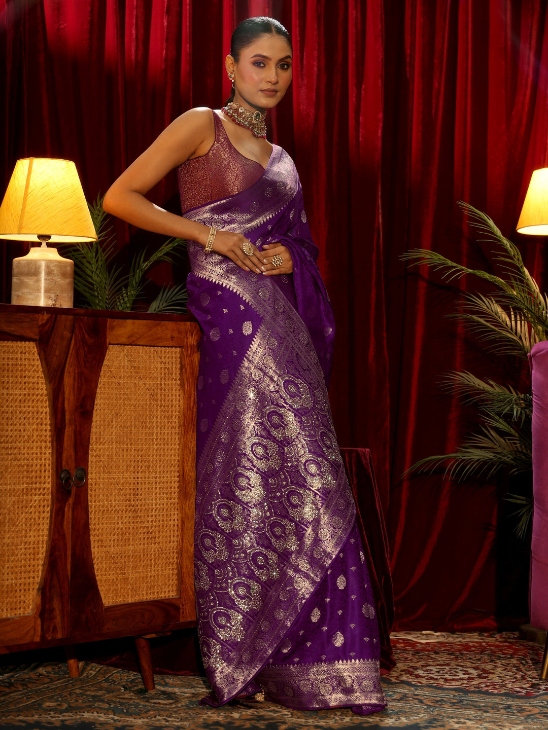Libas Royal Purple Woven Design Silk Blend Saree