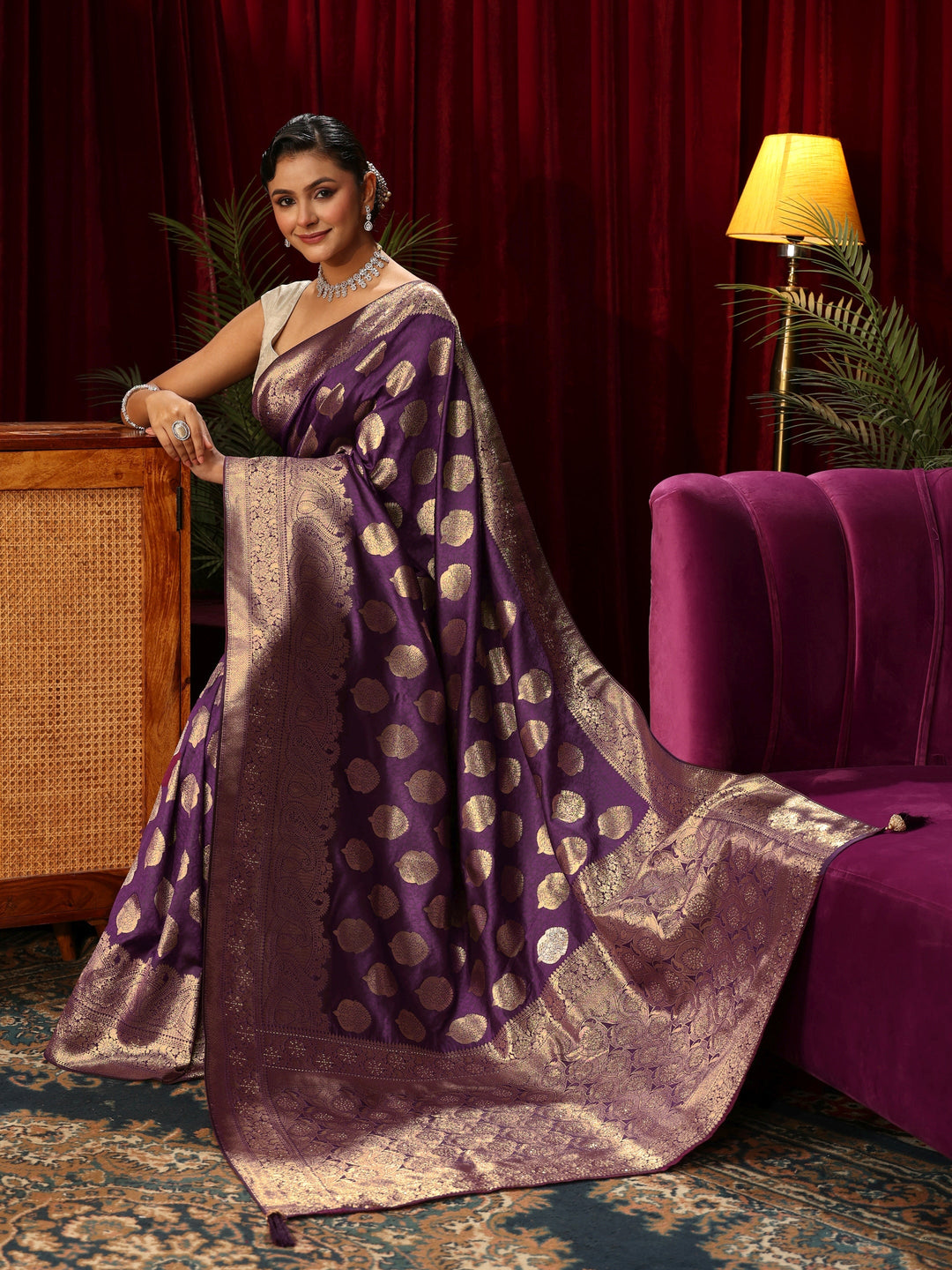 Libas Royal Purple Woven Design Silk Blend Saree