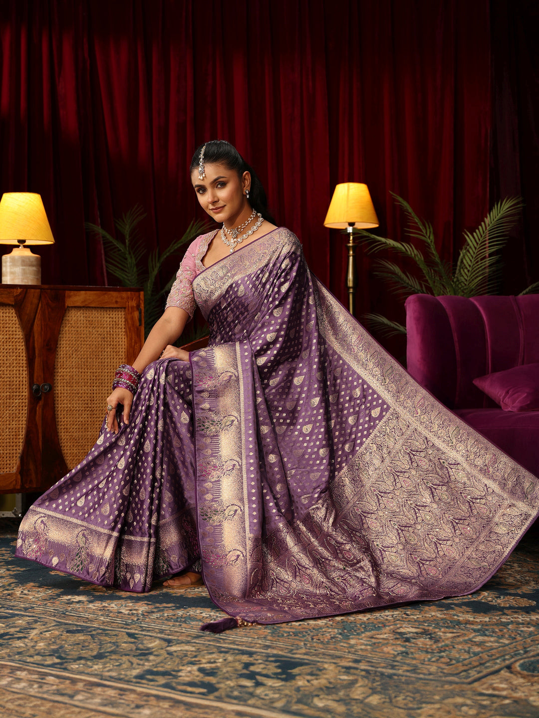 Libas Royal Purple Woven Design Silk Blend Saree with Stone Work