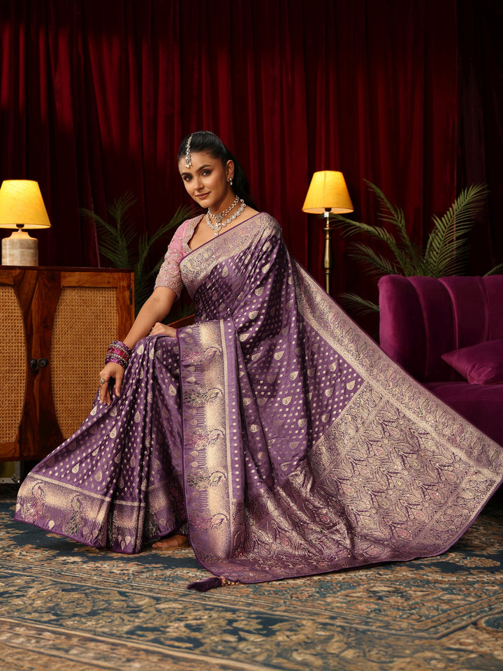 Libas Royal Purple Woven Design Silk Blend Saree with Stone Work